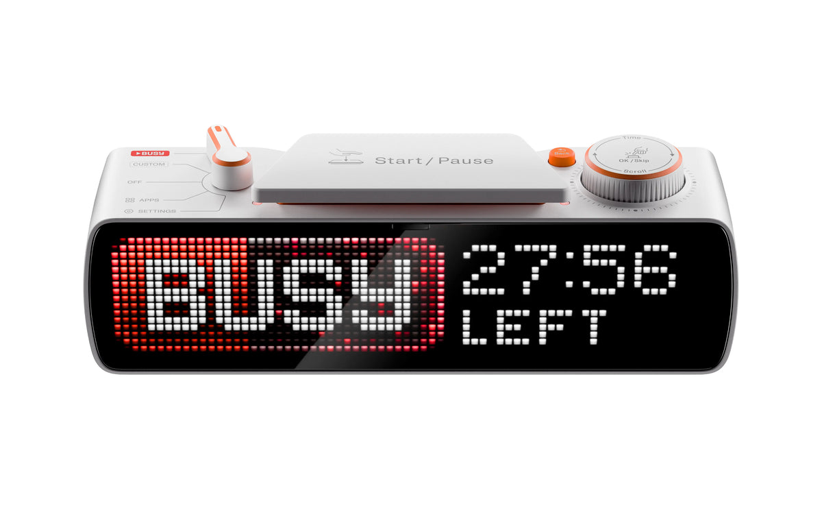 BUSY Bar front view — LED pixel screen showing BUSY status with 27:56 timer countdown