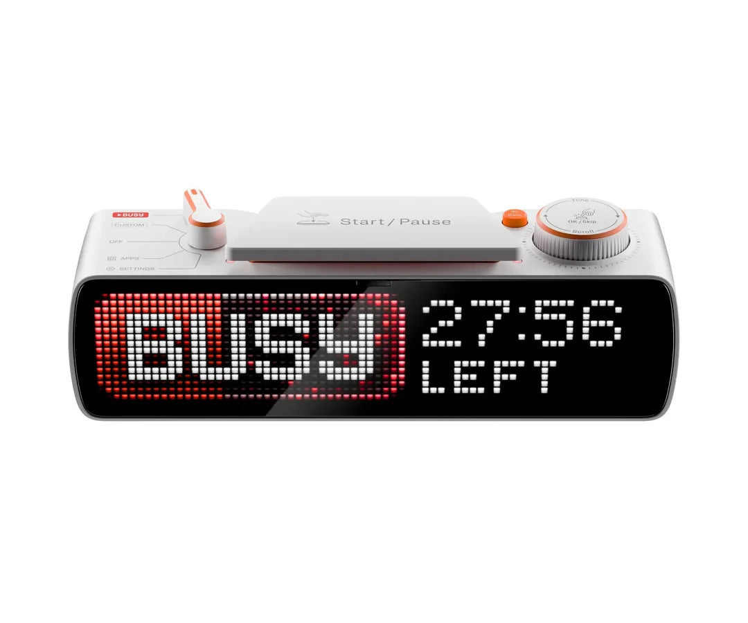 BUSY Bar front view — LED pixel screen showing BUSY status with 27:56 timer countdown