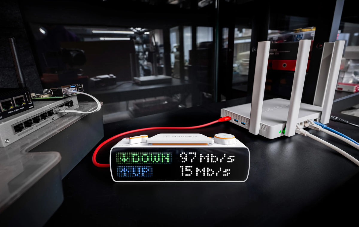 BUSY Bar showing internet speed test results — 97 Mb/s down, 15 Mb/s up — beside a router