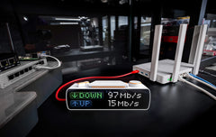 BUSY Bar showing internet speed test results — 97 Mb/s down, 15 Mb/s up — beside a router
